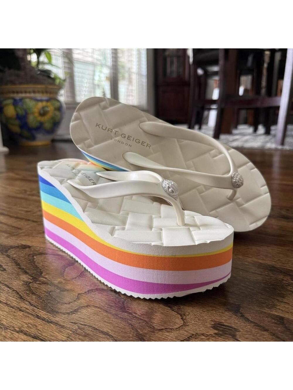 🌈 Kurt Geiger Kensington Rainbow Platform Flip Flops Wedge Sandals Size 39